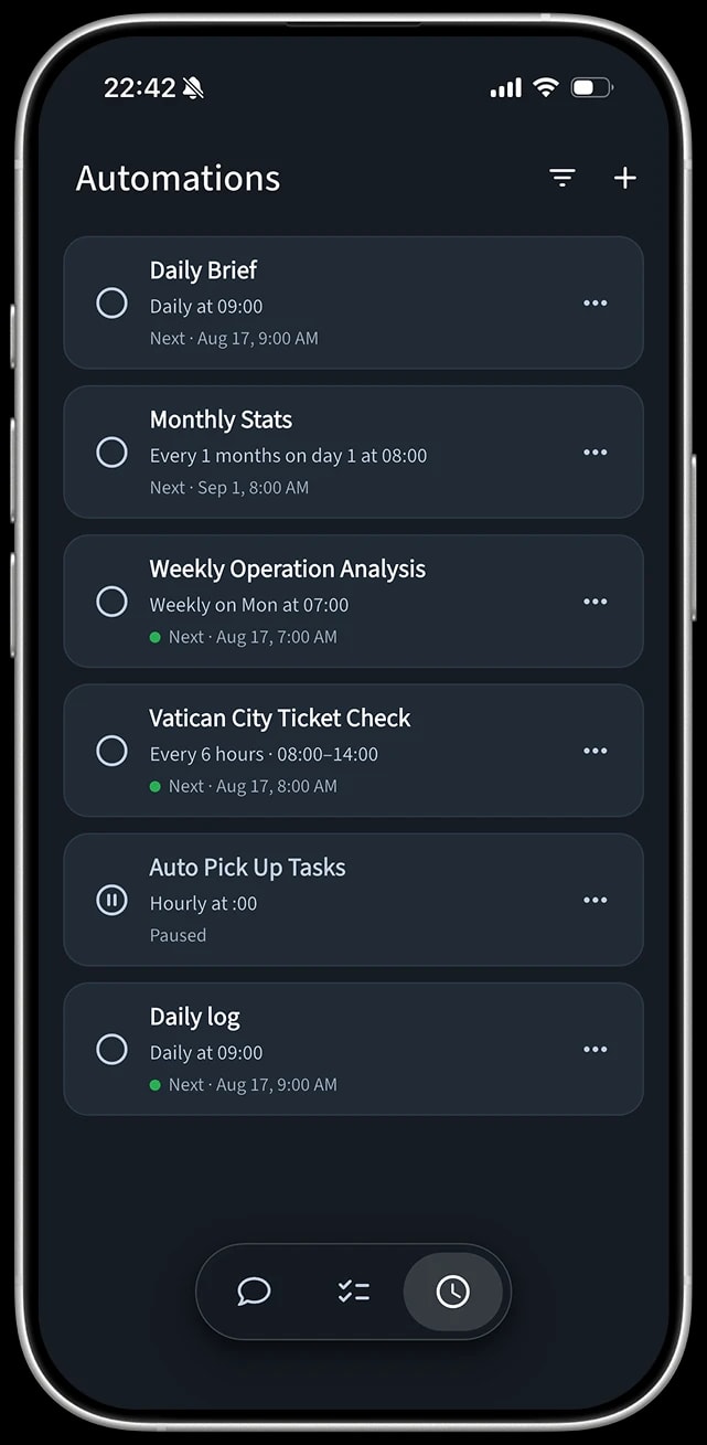 A list of scheduled automations in the Vicoa mobile app