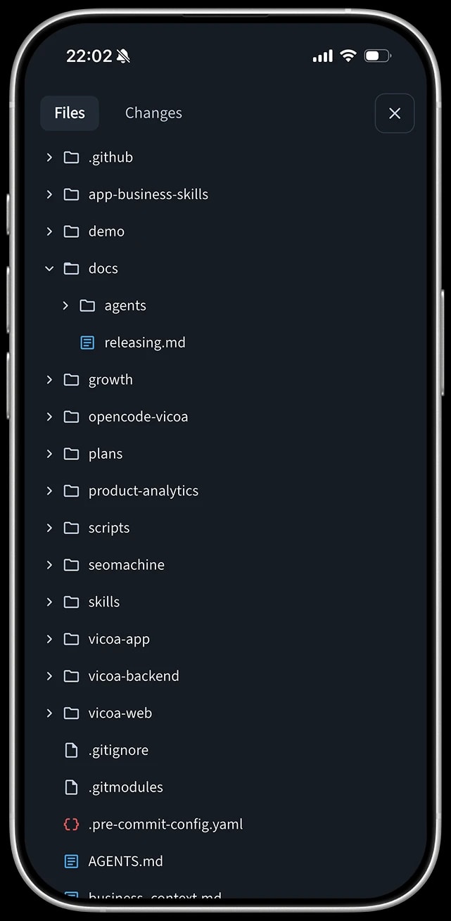Browsing the repository file tree in the Vicoa mobile app