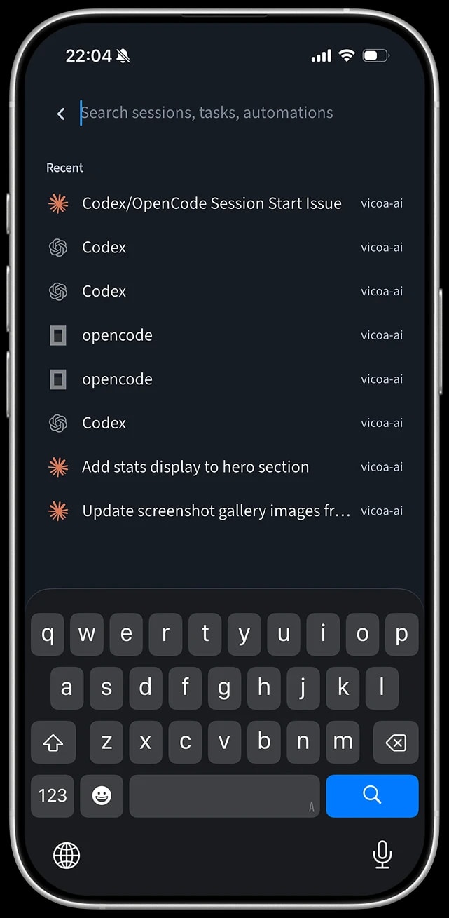 Searching sessions, tasks, and automations in the Vicoa mobile app