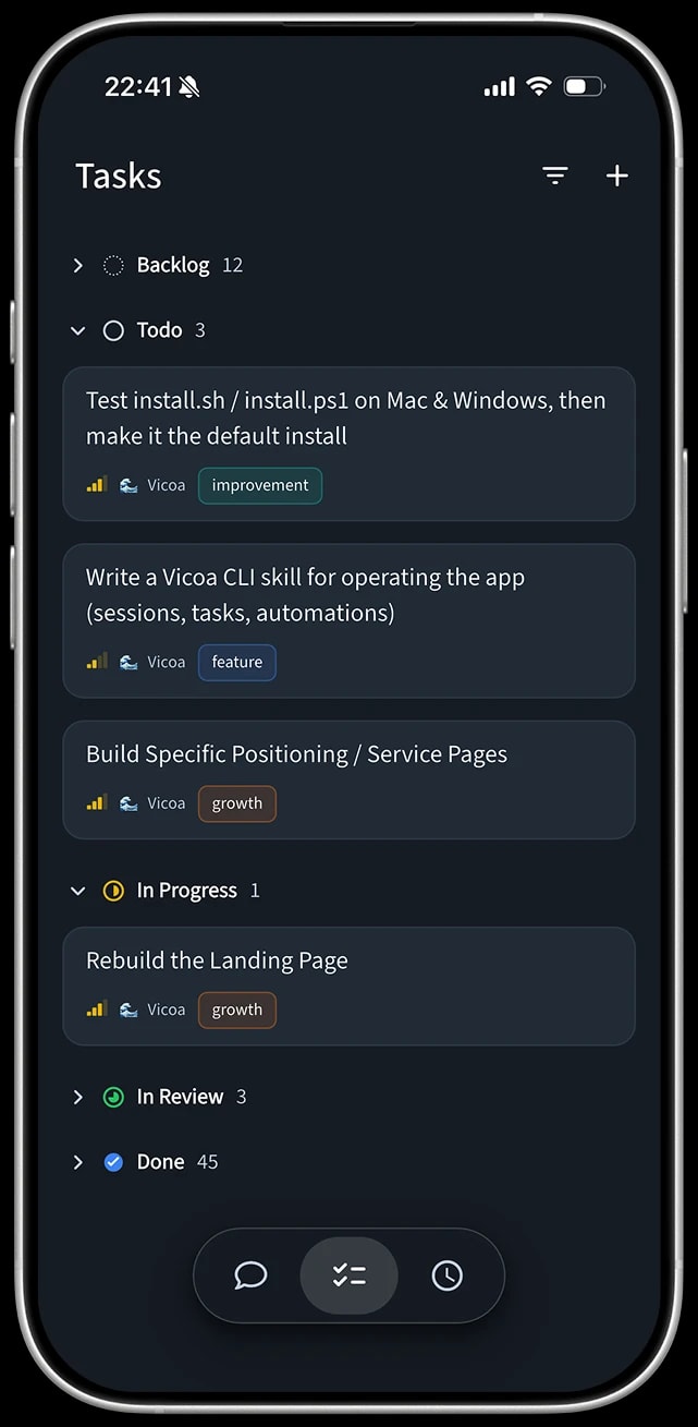 A task board with backlog, todo, and in-progress columns in the Vicoa mobile app