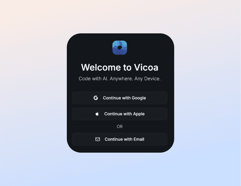 The Vicoa sign-in screen with Google and Apple login options