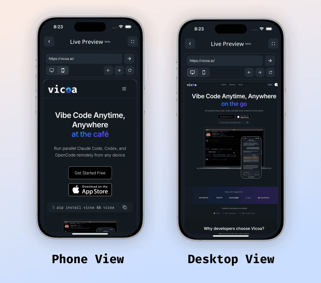 Vicoa Live Preview showing a local website in both phone and desktop viewports